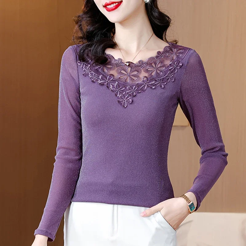 

Elegant Slim Sexy Hollow Out Embroidery Lace Tops New 2025 Summer Short Sleeved O-Neck Women's T-Shirt