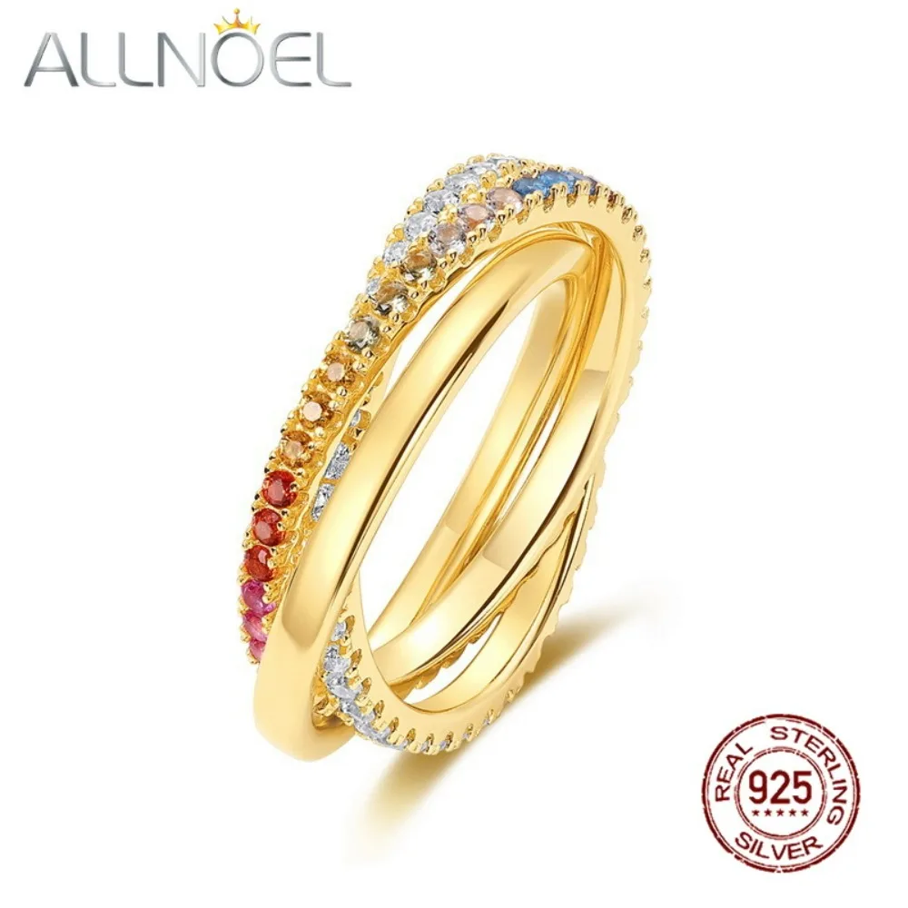 ALLONEL 3 in 1 Rainbow 1.5mm 5A Zircon Ring 100% 925 Sterling Silver for Women Men 10k Gold Plated Fine Jewelry Eternity Gifts