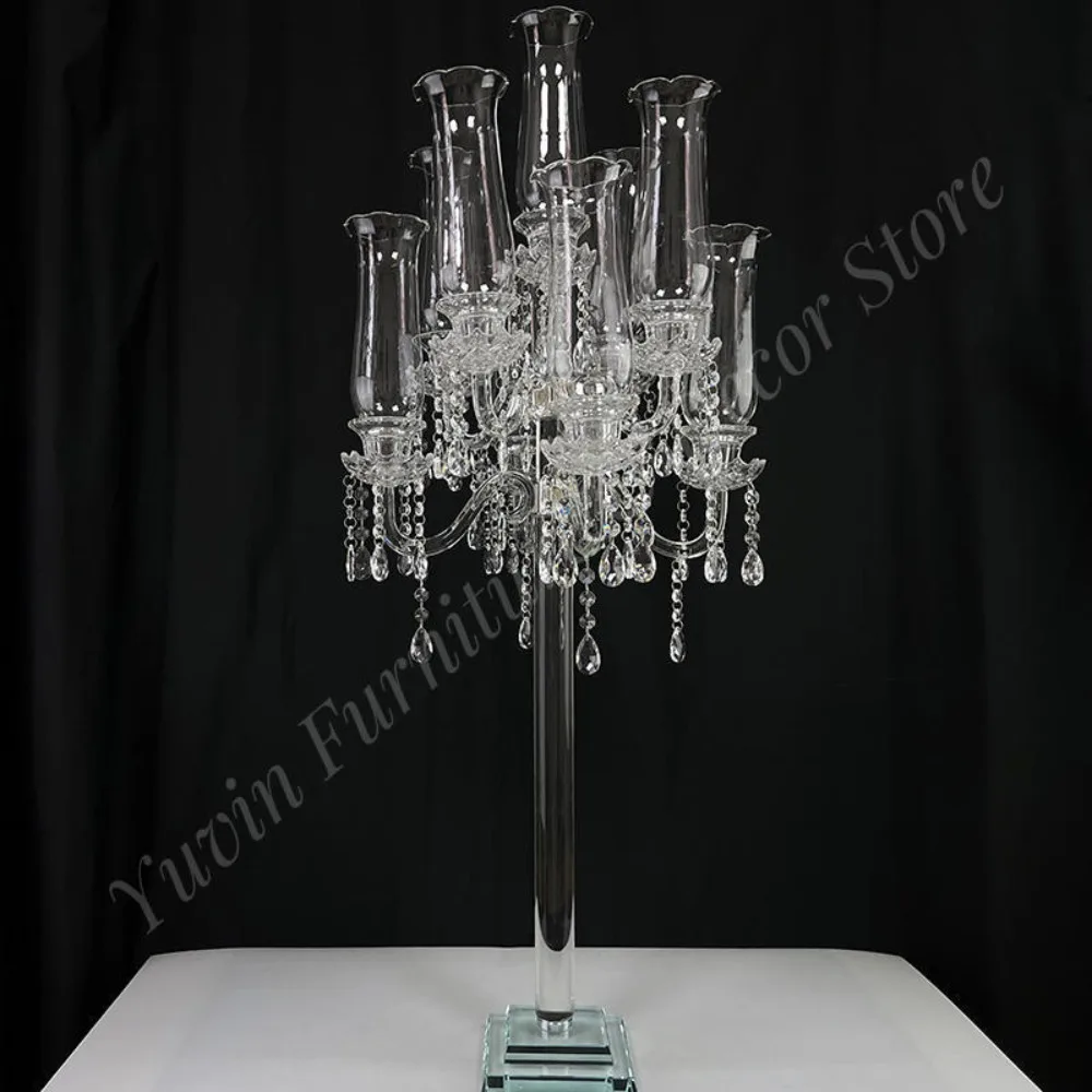 Luxury Handmade Crystal 110cm Height 9 Arms Wedding Candelabra Centerpieces with Glass Cylinder for Home Decoration