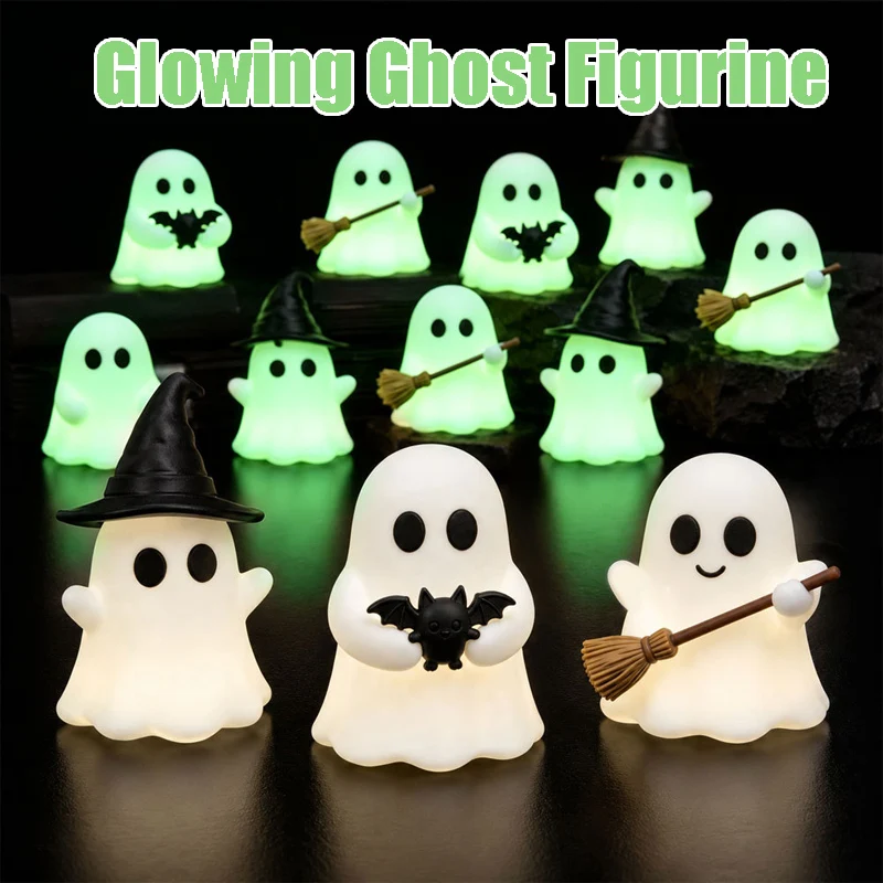 Mini Glow Ghost Halloween Desktop Decoration LED Light-Up Spooky Ornaments Tiny Haunted Figurines for Party Home Decor