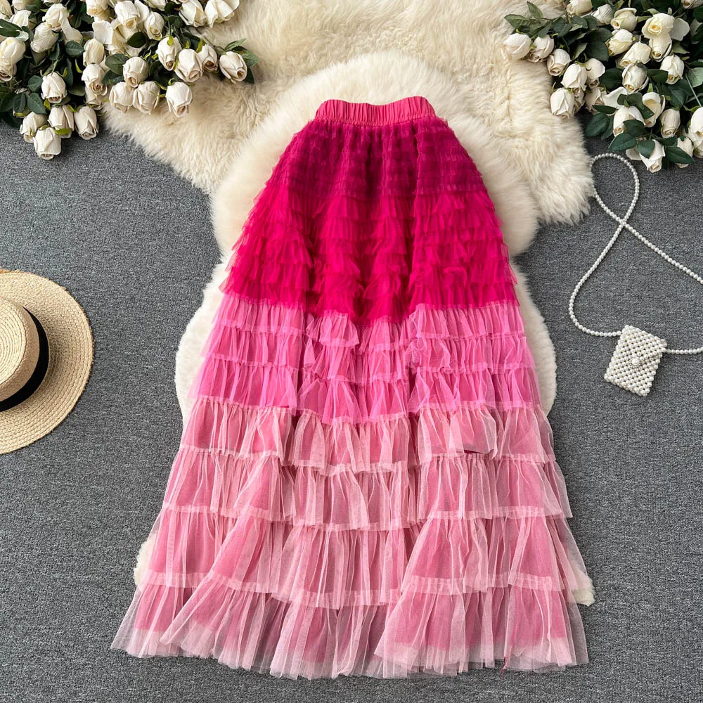 

Women Cake Layers Bustier Mesh Tulle Lady Vacation Dress Rainbow Color Slim Maxi Skirts Ladies Beach Fairy Vestidos Casual Cloth