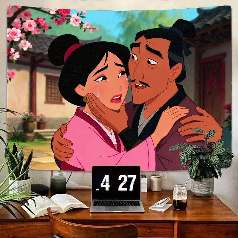 

1 шт., розовый плачущий гобелен Disney Mulan & Father, эмоциональная семейная любовь, полиэстеровое настенное искусство, декор для гостиной, спальни, подарок