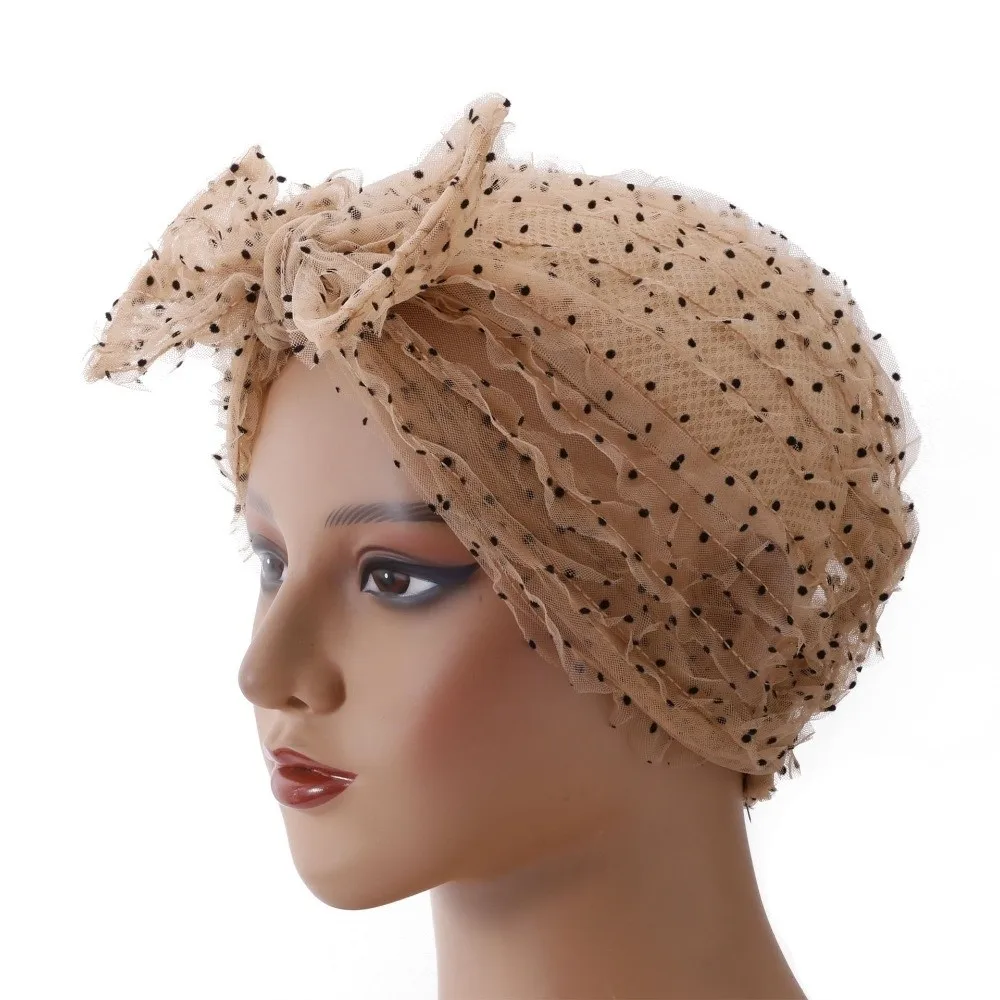 Retro Breathable Fabric Polka Dot Mesh Bonnet Wrinkle Lace Folded Design Women Headscarf Hat Chic Turban Beanie Cap Resort