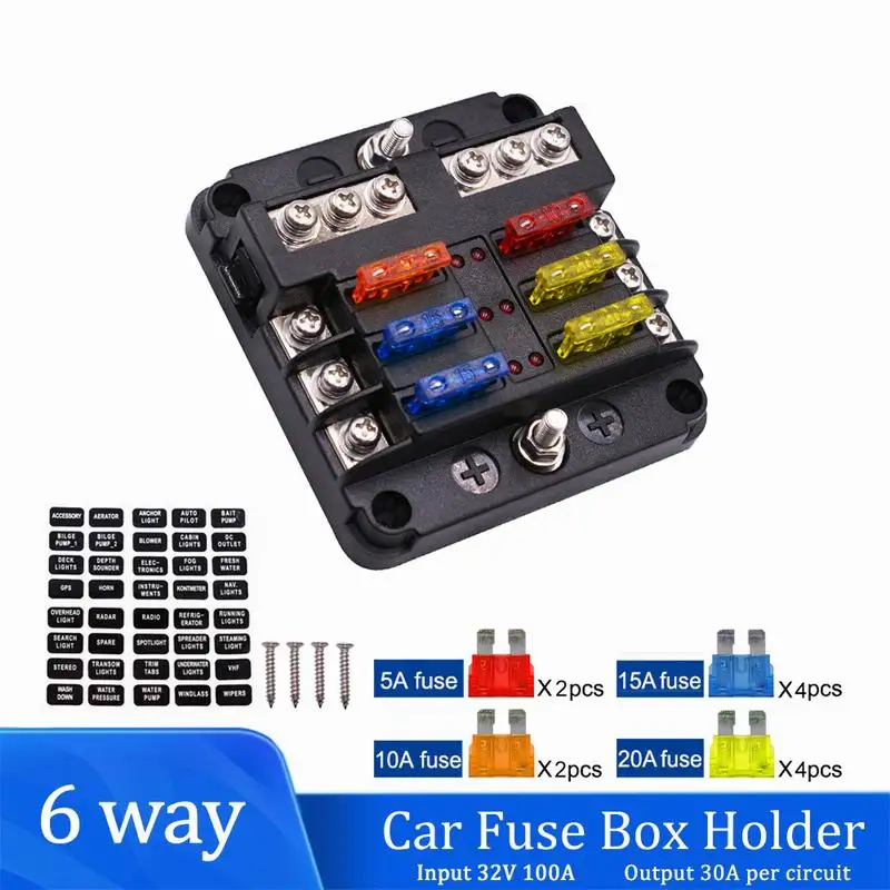 Car Blade Holder Fuse Box 6 Ways Modified Terminal Block Fuse with LED Warning Light for Car Boat Marine Trike 12V 24V