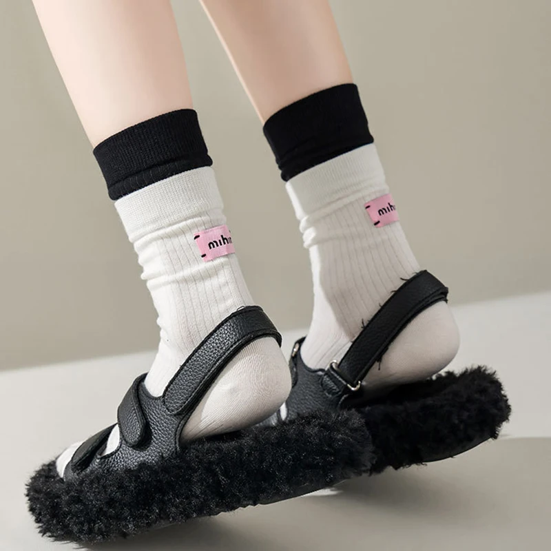 Fashion For Women Retro Korean Pink Label English Letter Striped Cotton Socks Spring Autumn Soft Comfortable Mid-tube Sport Sox