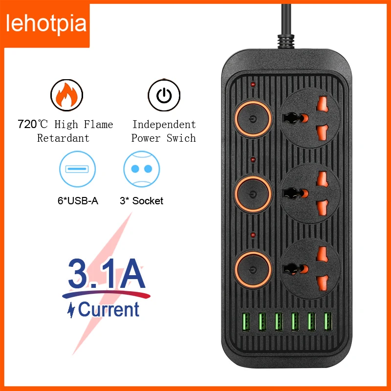 Lehotpia EU/US/UK Power Strip AC Separate Control Plug Outlet Extension Cable Electrical 6 USB Sockets Adapter Network Filter