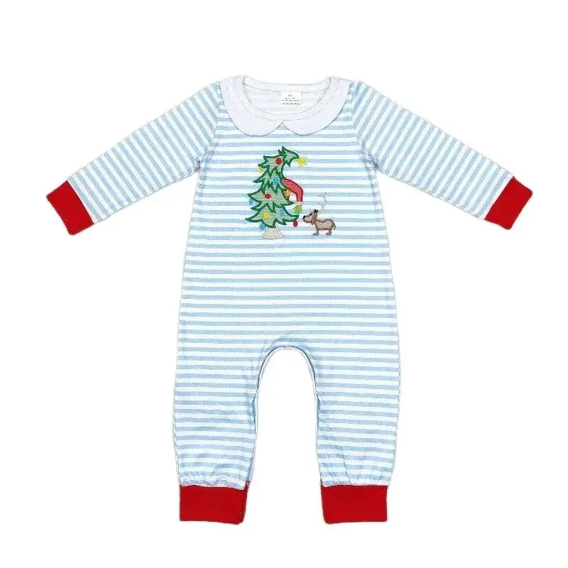 Baby Boys Natal Romper impressão, árvore bordada, crianças Boutique, bebês, roupas de bebê, listras azuis, atacado, RTS