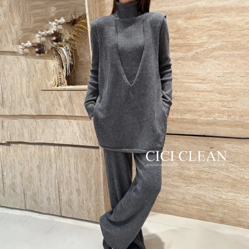 BJTZ ملابس نسائية أنيقة محبوكة ثلاث مجموعات لخريف وشتاء 2025 موضة جديدة بلون سادة ملابس نسائية متماسكة #2