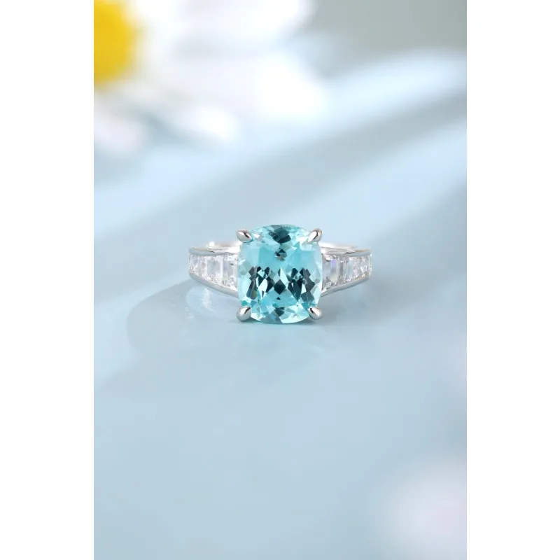 Ruihe New Custom 925 Silver Ring Cushion Cut 6.75ct Lab Grown Paraiba Gems Simulated Diamond Zirconia Women Wedding Jewelry