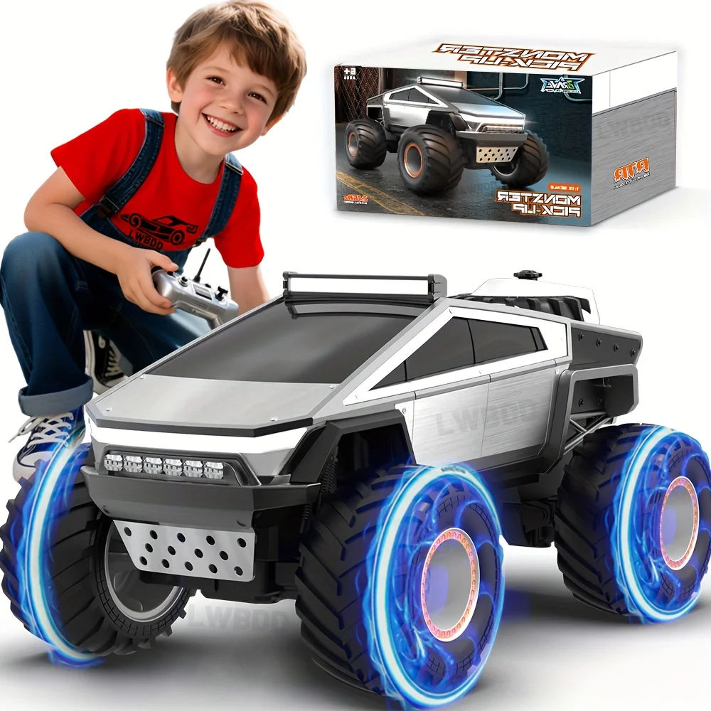 

Игрушка-пикап в стиле киберпанк, радиоуправляемый грузовик 2,4 ГГц, 4WD для бездорожья, металл, мигающий свет, реалистичный звук, реалистичные дымовые эффекты