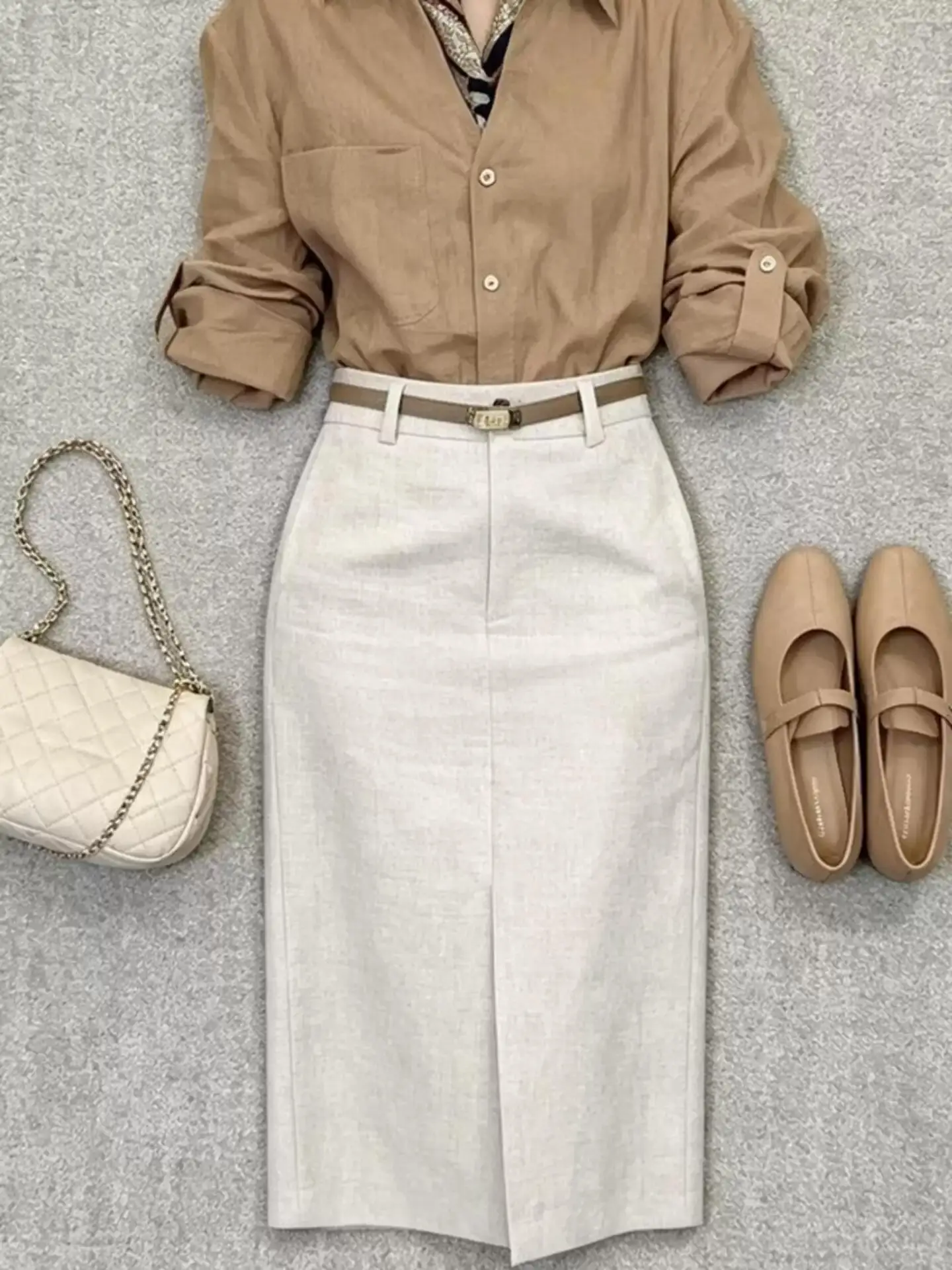 Khaki Linen Shirt And Skirt Set Women's Business Casual Fashion Loose Fit Summer Outfit Elegant Atmosphere Dry Style