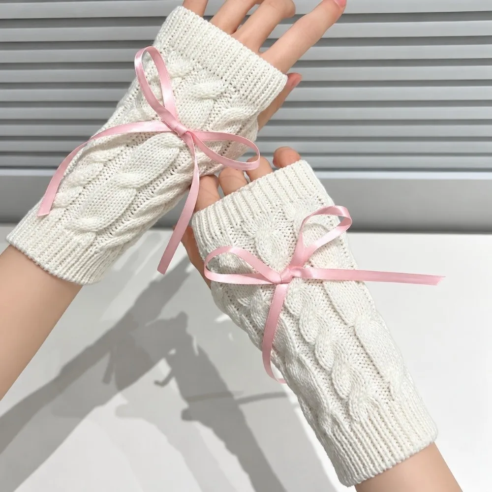 Simple Satin Bow Knitted Gloves Outdoor Riding Mittens Cycling Gloves Wool Gloves Windproof Fingerless Twists Gloves Men
