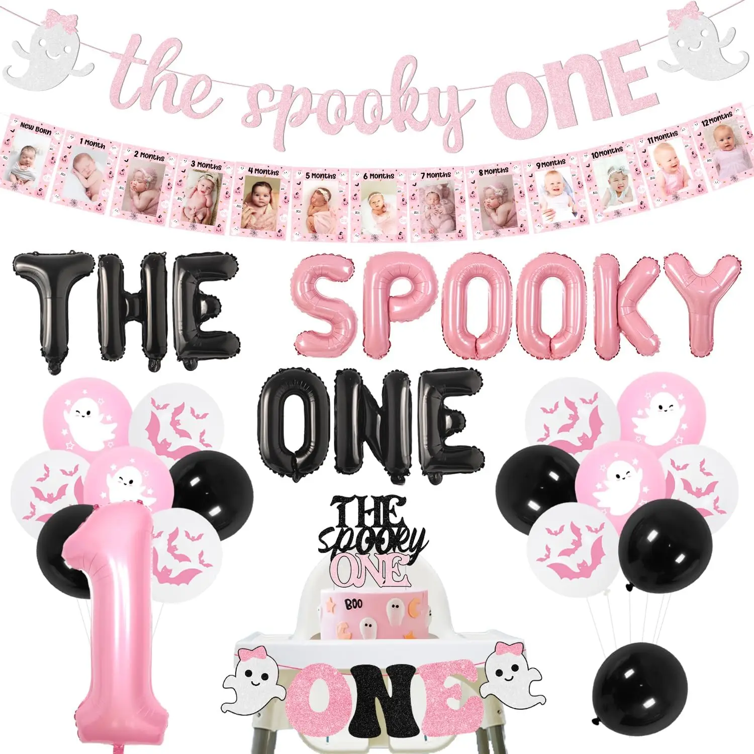 

Funmemoir 60Pcs Halloween The Spooky One 1st Birthday Party Foil Balloons High Chair Banner for Birthday Party Decor Supplies