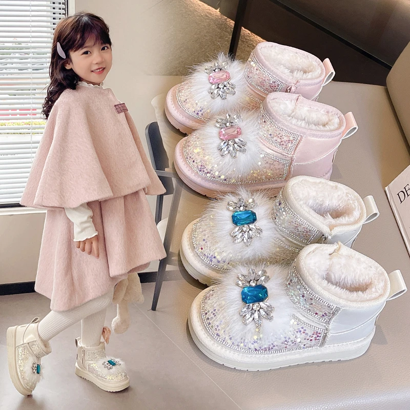 

Короткие сапоги для девочек с круглым носком, мягкая подошва, детские ботильоны с блестящими пайетками, новинка 2025, зимние детские ботинки принцессы на толстом меху