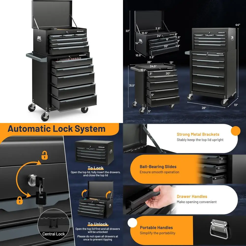 頑丈な11段引き出し付きローリングスチールツールチェスト、吊り下げ穴、セントラルロッキングシステム、安全な保管のためのバランス設計付き