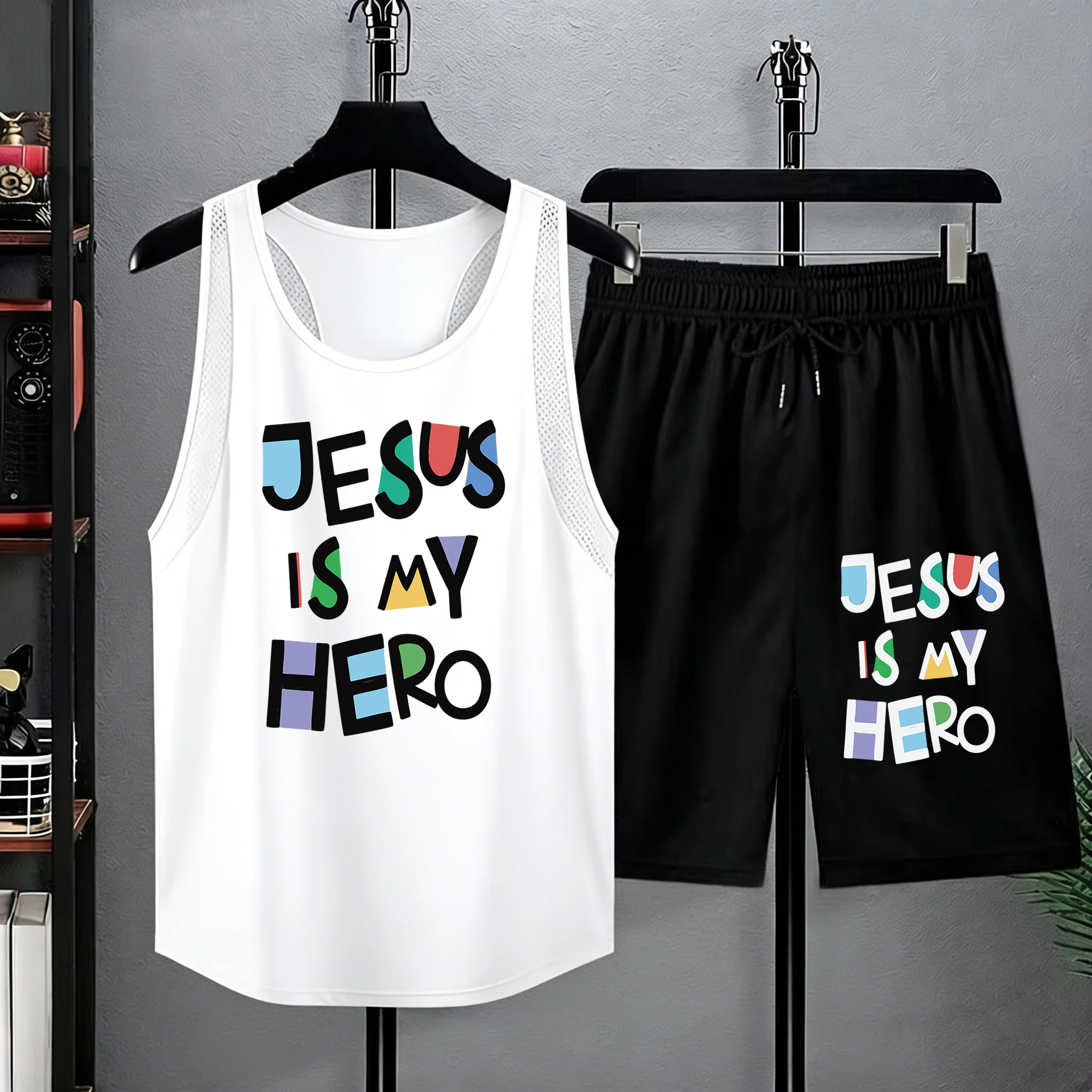 

Jesus Is My Hero Prints Summer Sport Lightweight Tank Top Sets Of Men Soft Suitable Vest Loose Commute Pants Casual Comfy Shorts
