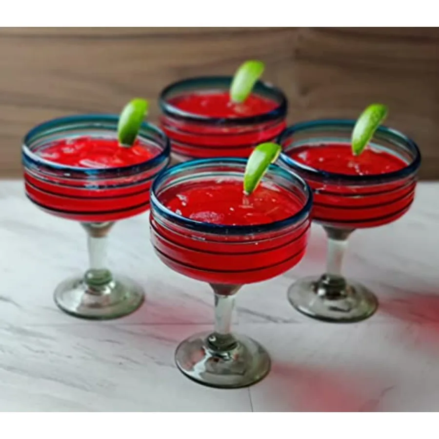 Conjunto de vidro soprado à mão mexicano com 4 copos de margarita de 16 onças com design em espiral aqua perfeito para coquetéis e reuniões de verão