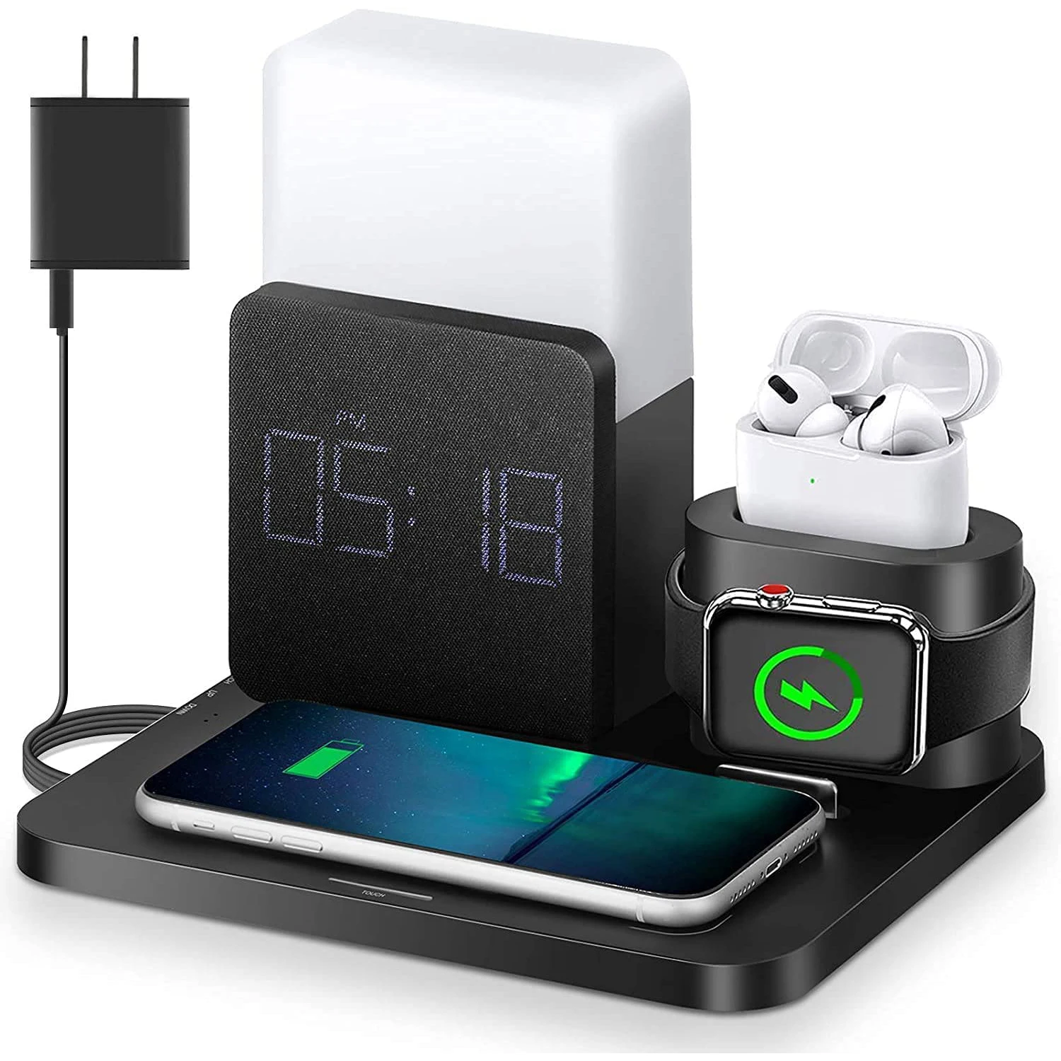 Multi Function Qi Wireless Charger Stand for Apple Watch Airpods Pro iPhone 14 Table Lamp Time Alarm Clock Fast Charger Station