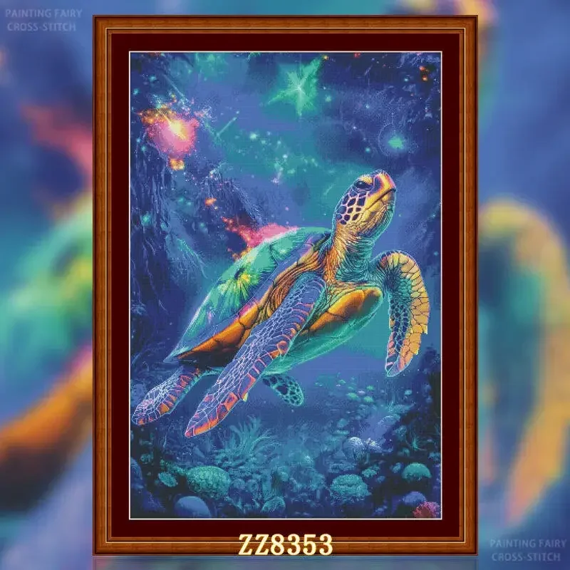 Stamped Cross Stitch Kit 11CT 14CT 16CT 18CT Pre Printed Canvas Cotton Thread DIY Embroidery for Wall Decor[ZZ8353-Neon Turtle]