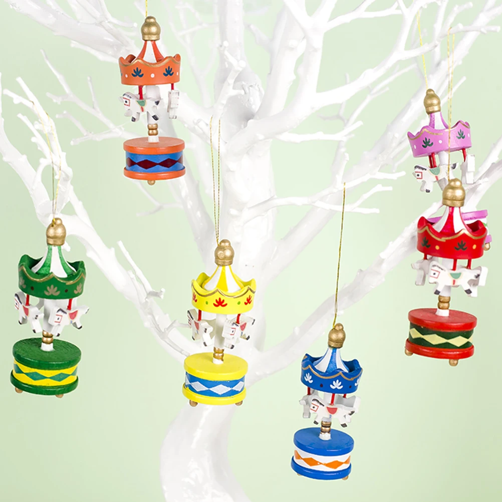 

6Pcs Christmas Wooden Decoration Carousel Shape Hanging Ornament Safe Non-Breakable Desktop Decor for Holiday Celebration