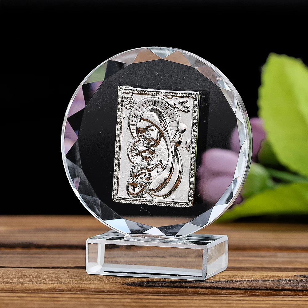 

3D Laser Engraved Sun Flower Crystal Decoration Virgin Mary Auspicious Amulet Office Desktop Ornament Gifts Home Decor