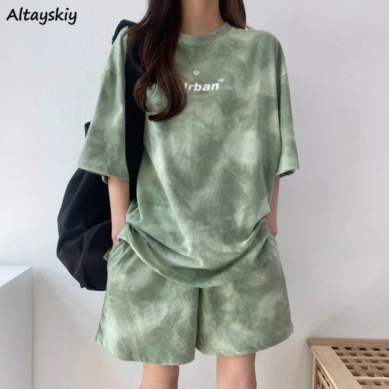 Tie Dye Fashion Short Sets Women Outfits Streetwear 3XL Summer Loose Couples Unisex Simple Letter Printed Harajuku Tees Workout