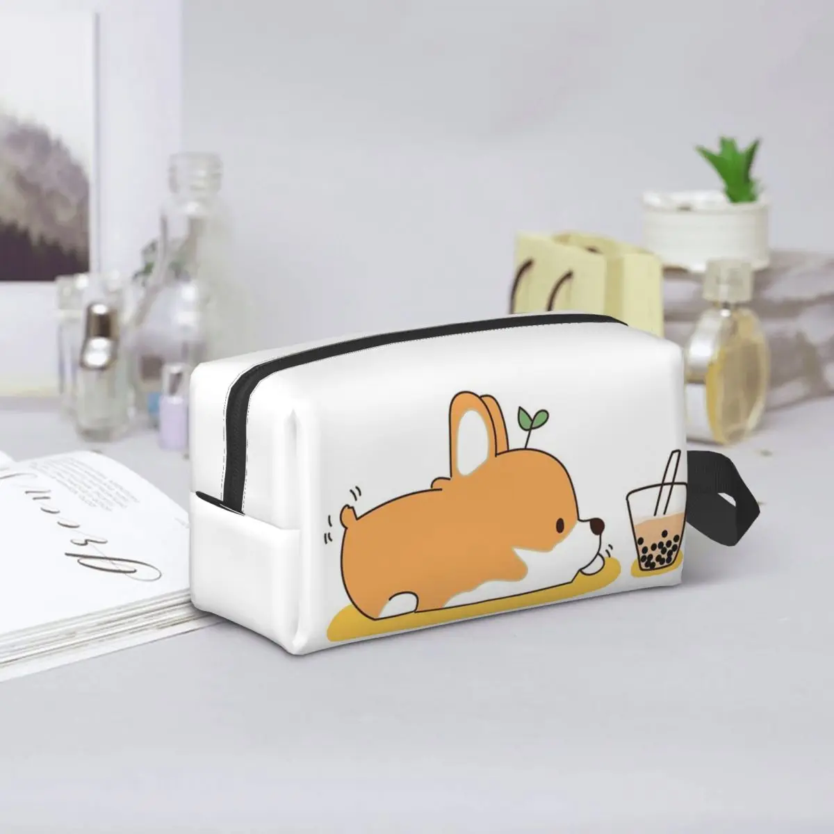 

Corgi And Bubble Tea Makeup Bag Cosmetic Organizer Storage Dopp Kit Toiletry Cosmetic Bag for Women Beauty Travel Pencil Case