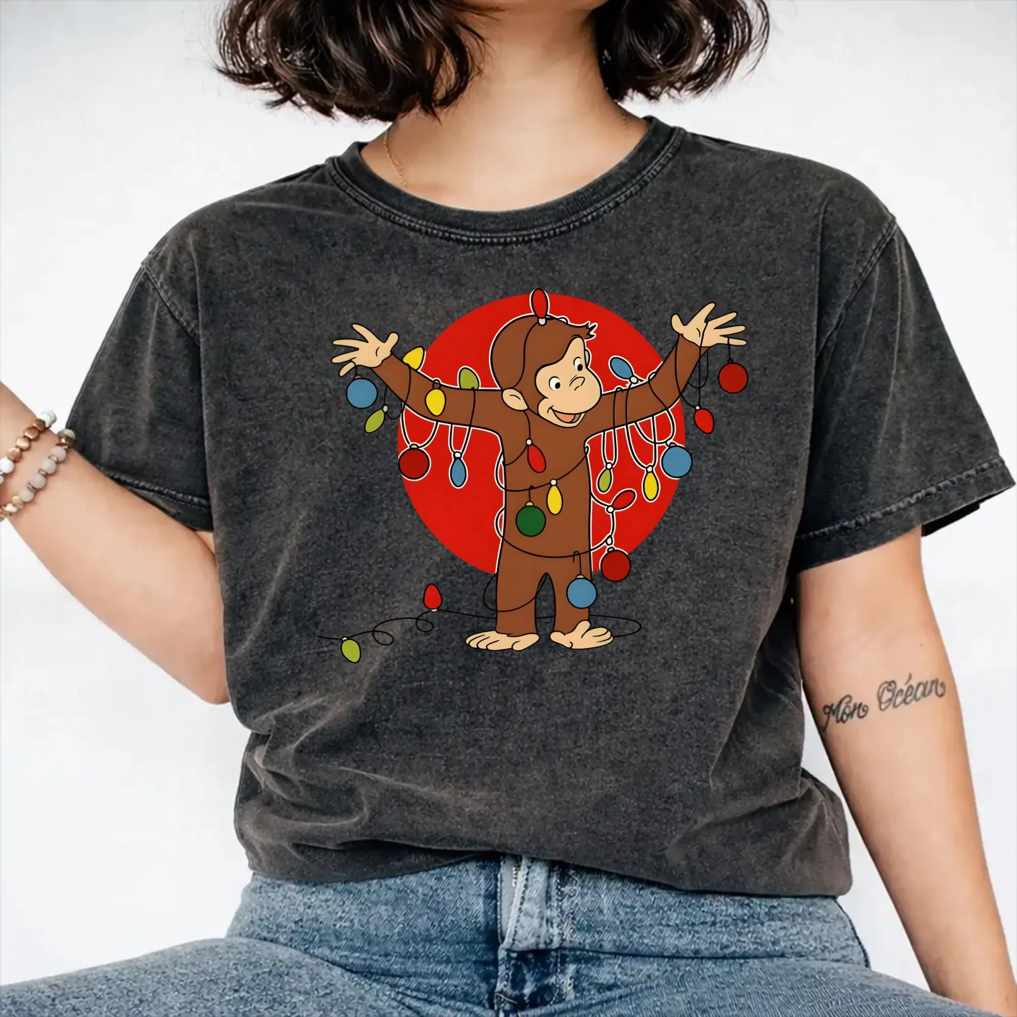 2026 Curious George Christmas  Tangle of Holiday Lights  Washed T Shirt Outfit Oversize T-Shirt  Men Women Tee Shirt