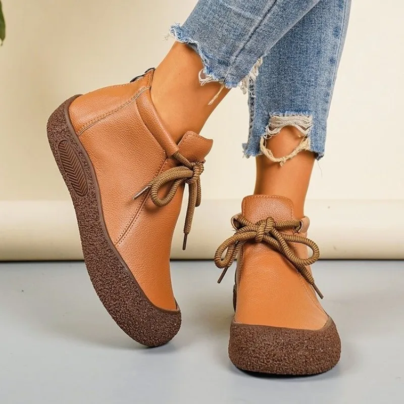 Ladies Bootswinter Fashion Casual Round Head Flat Bottom Short Tube Solid Color Front Lace-up Fashion Boots Work Shoes Plus Size