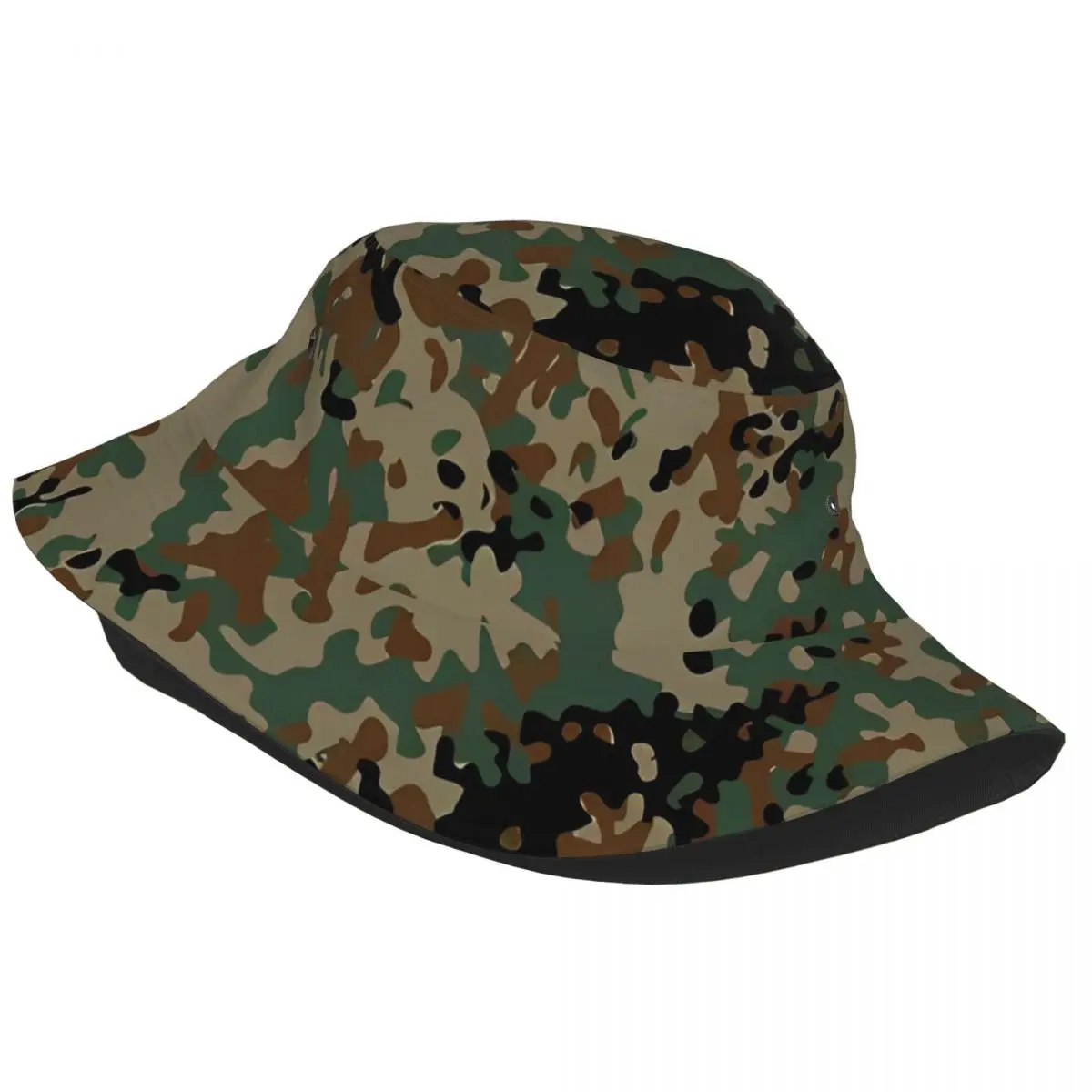 Camouflage Black Tan Brown Green Flecktarn Camo Bucket Hats Summer Beach Getaway Headwear Fisherman Cap for Sport Teen Ispoti