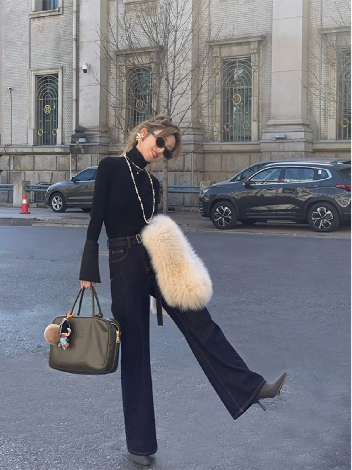 

Женские джинсы с высокой талией и прямыми штанинами, темно-синие, с поясом, осенне-зимняя коллекция, французский стиль, из хлопкового денима