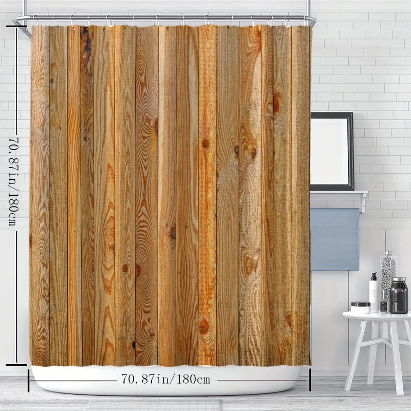 YWJHUI Water-Resistant Polyester Shower Curtain with Rustic Wood Plank Digital Print - Machine Washable, Includes Hooks, Knit We