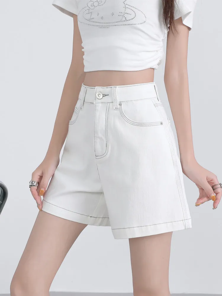 White High Waisted Wide Leg Jean Shorts Woman Summer Harajuk Korean Fashion Casual Loose Stretchable A-line Denim Short Femme