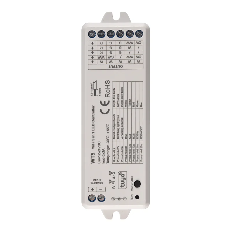 

Светодиодный контроллер ABKU-Tuya 5 в 1, диммер CCT RGB RGBW RGBWW RGBCCT, лента Smart Life, Wi-Fi, 2,4G, радиочастотный пульт дистанционного управления, 12-24 В, WT5