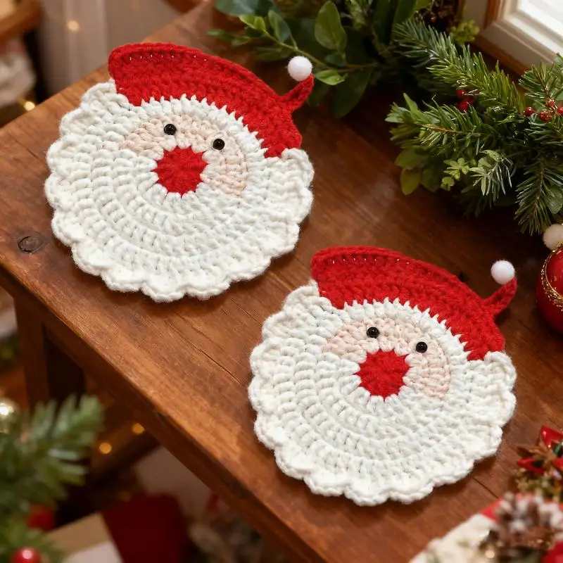 H 2/4Pcs Handmade Crochet Santa Claus Coasters Durable Fabric Drink Tray Holiday Table Setting Halloween Decoration