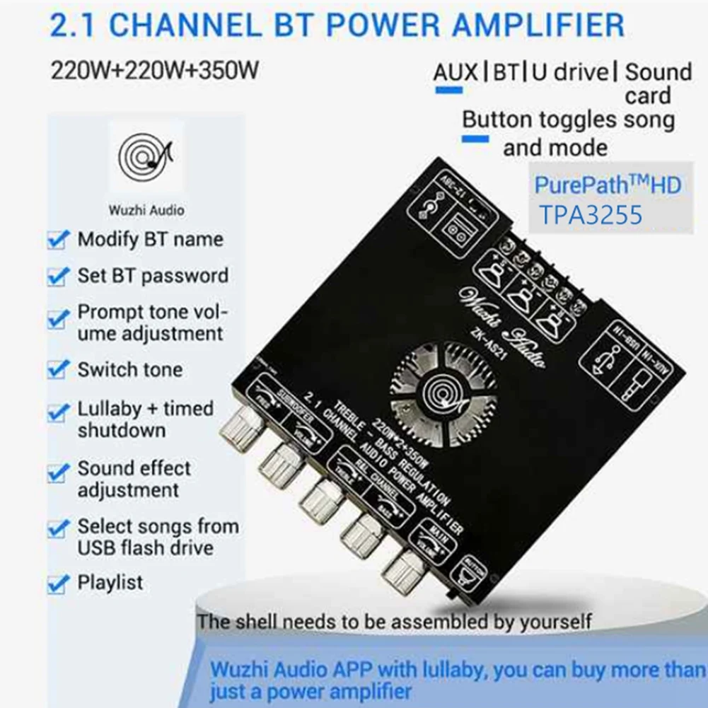 ZK-AS21 디지털 블루투스 오디오 앰프 보드, 서브우퍼 220W x 2 + 350W, 2.1 채널 TPA3255 오디오 파워 앰프 모듈