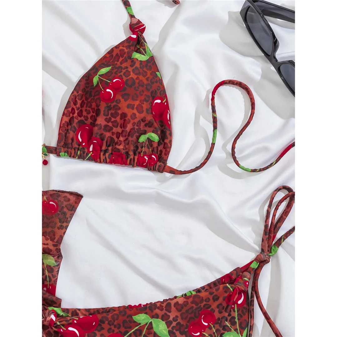 Mit Sarong Leoparden-Bikini, Damen-Badebekleidung, dreiteiliges Bikini-Set, Neckholder-Badeanzug, Badeanzug, Schwimmanzug V7900 – Detail 8