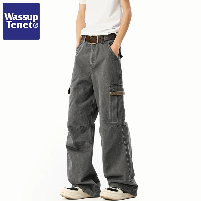 Wassup Tenet Vintage Work Pants Men's Spring Trendy Brand Weathered CleanFit Loose Wide Leg Long Pants Casual Straight Leg Co...