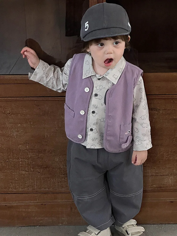 

Infant Baby Clothes Autumn New Boys Printed Shirt Vest Set Boys Autumn Long Sleeve Two-Piece Set aClass