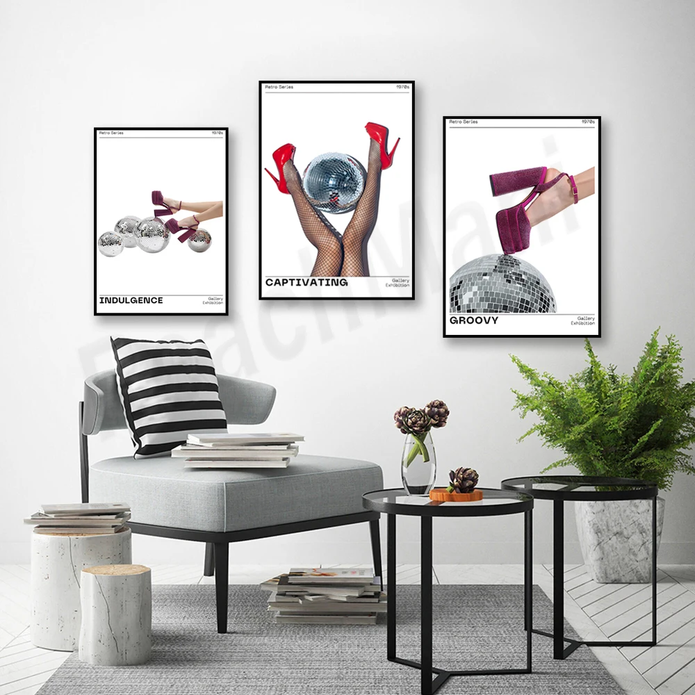 Disco ball 1970s fashion retro art, high heels disco ball print, bar car wall art, teen girl room decoration poster