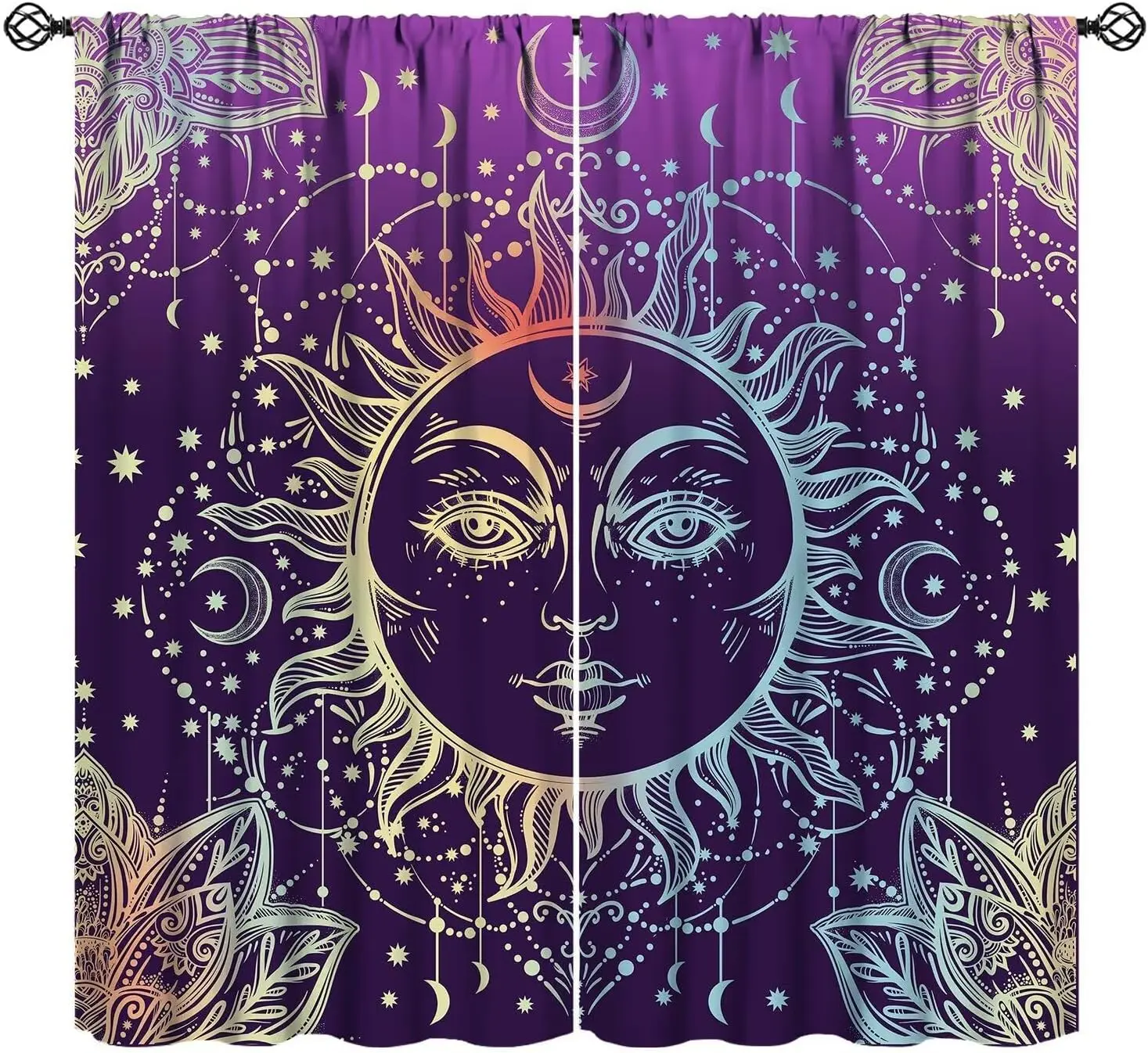 Mandala Sun Moon Curtains Fantasy Boho Black White Stars Floral Rod Pocket Blackout Window Drapes Bedroom Living Room Kitchen