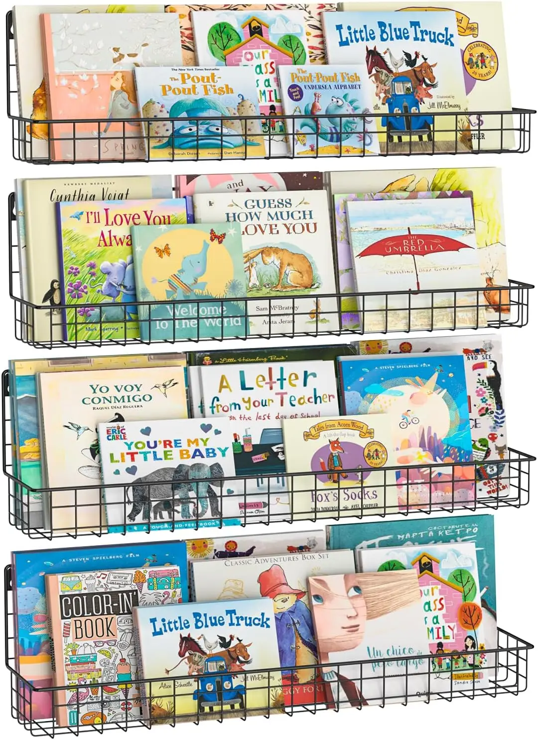 

24-дюймовая плавающая металлическая детская книжная полка, настенный детский органайзер для книг и игрушек, черный набор из 4 шт.