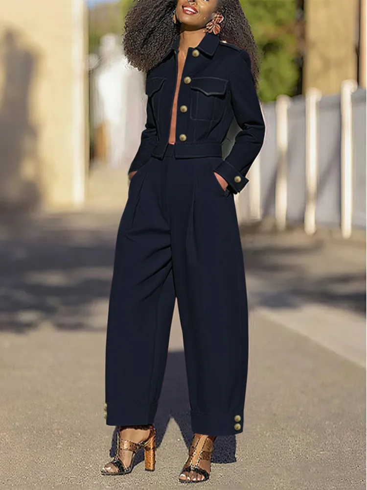 

Yeezzi Women's Solid Color Two-Piece Sets Lapel Cropped Jacket & Elastic High Waist Wide Leg Pants Urban Casual Office Suits
