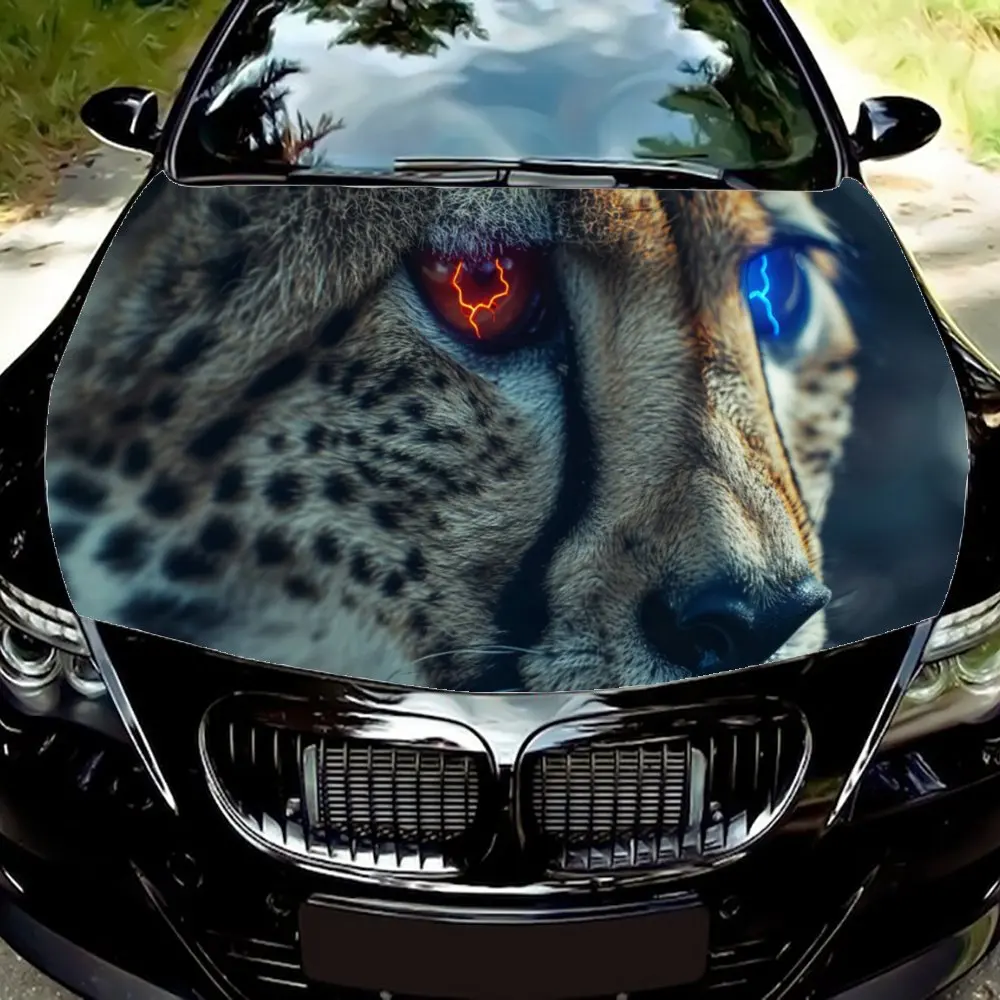 Cheetah Eyed with Blue Lightning Car Hood Wrap Color Vinyl Sticker Truck Graphic Bonnet Auto Accessories Decoration Decal Gift