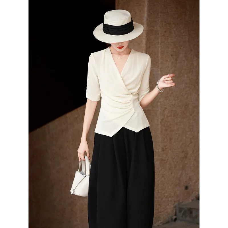 MEXCOCO Spring Autumn New Acetic Acid Blouse, Elegant Commuter V Neck Mid Sleeve Shirt, Pleated Waist Slim Fit Top