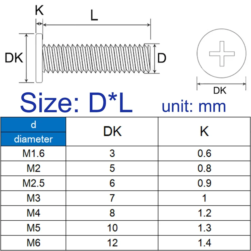 10-50 قطعة M1.6 M2 M2.5 M3 M4 M5 M6 أسود 304 الفولاذ المقاوم للصدأ الصليب فيليبس رقيقة جدا شقة رقاقة رئيس المسمار لأجهزة الكمبيوتر المحمول L:2-40 مللي متر