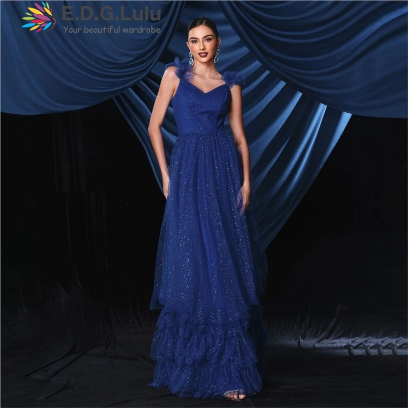 

EDGLuLu сексуальные платья для дня рождения с V-образным вырезом без рукавов роскошное синее Сетчатое блестящее Каскадное платье с оборками элегантное женское длинное вечернее платье 0722
