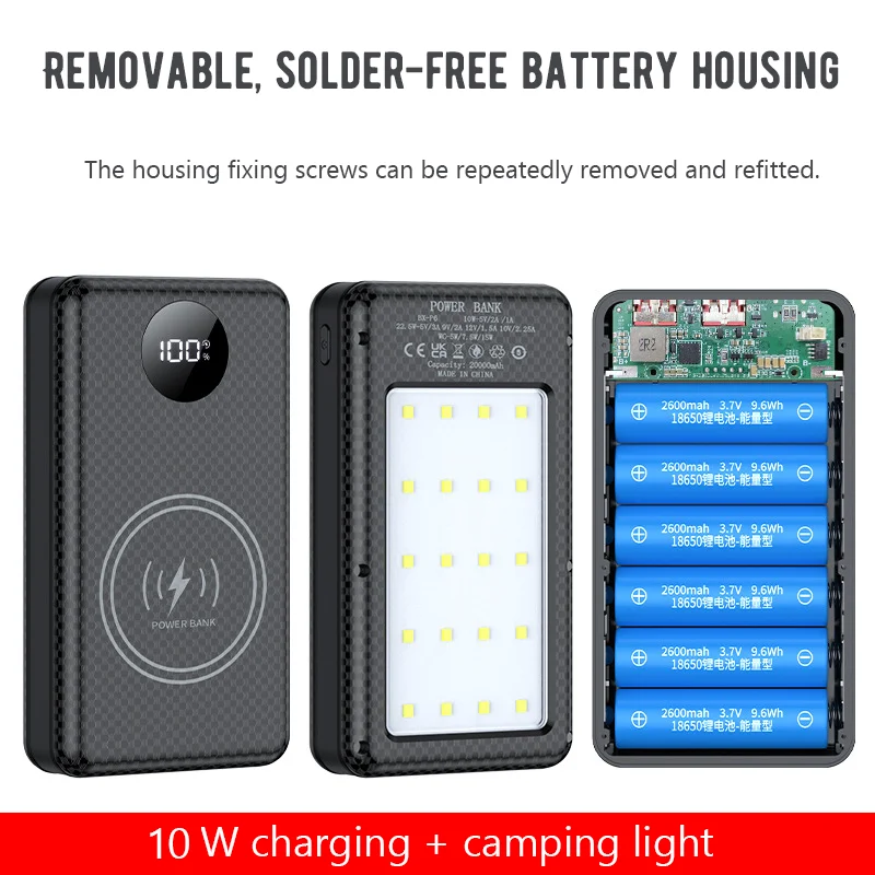6×18650 Battery Storage Box DIY Power Bank Shell Dual USB-C Output Portable Charging Holder Built-in Camp Light for Mobile Phone