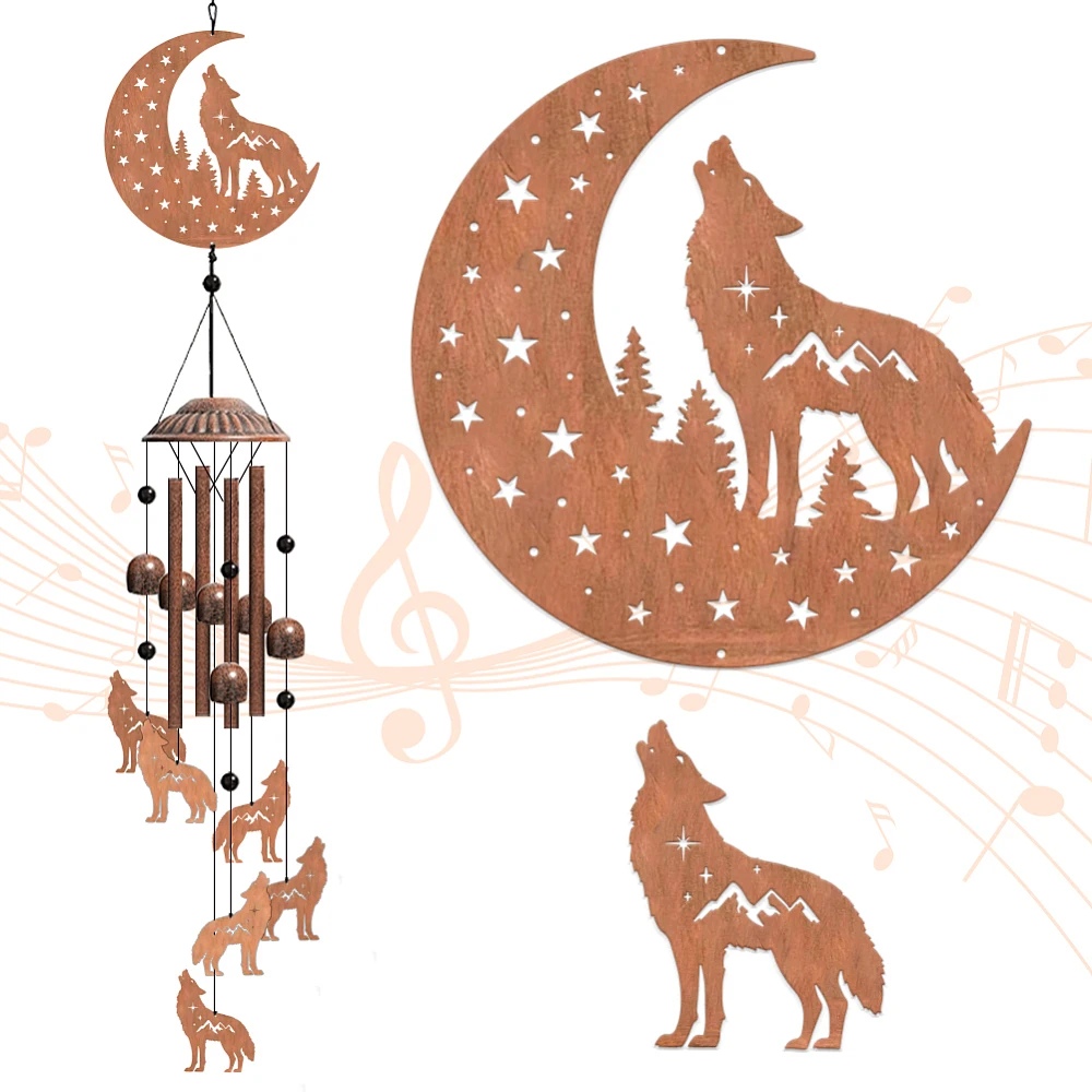 Howling Wolf Wind Chimes Moon Star Bells Memorial Chimes Decorative Metal Bell Creative Hanging Pendants Forest Wind Catcher