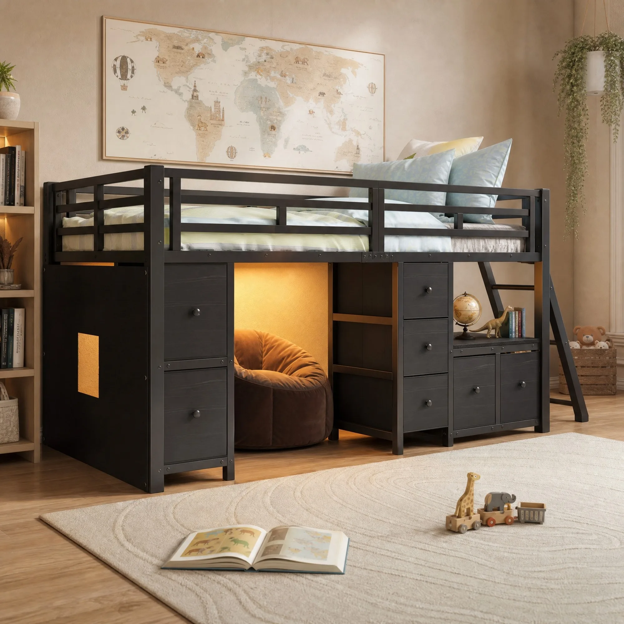 CAMA NEGRA 90x200 CM CON CAJONES